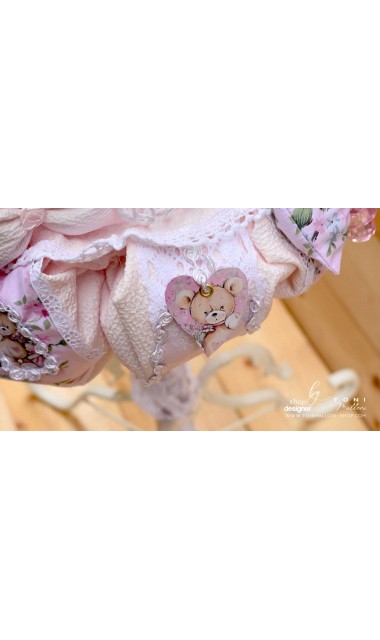 Lumanare de botez cu ursuleti roz, dantela roz si pattern floral cu trandafiri Teddy Bear Pink 8